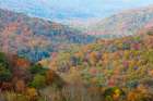 USA, North Carolina, Blue Ridge Parkway. Landscape overview of forested hills in autumn. Art Print